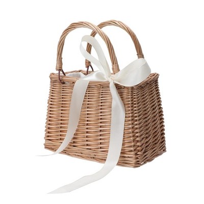 Flower Girl Basket Boho Style Rattan Baskets with White Ribbon for Weddings, ...