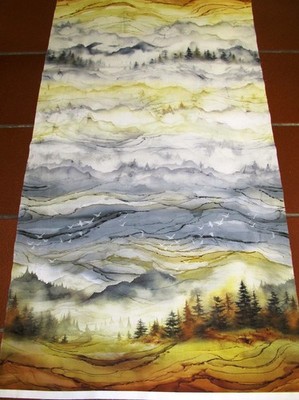 Misty Morning Bäume Berge Vögel  Patchworkstoff  Panel 60x110cm  Baumwolle