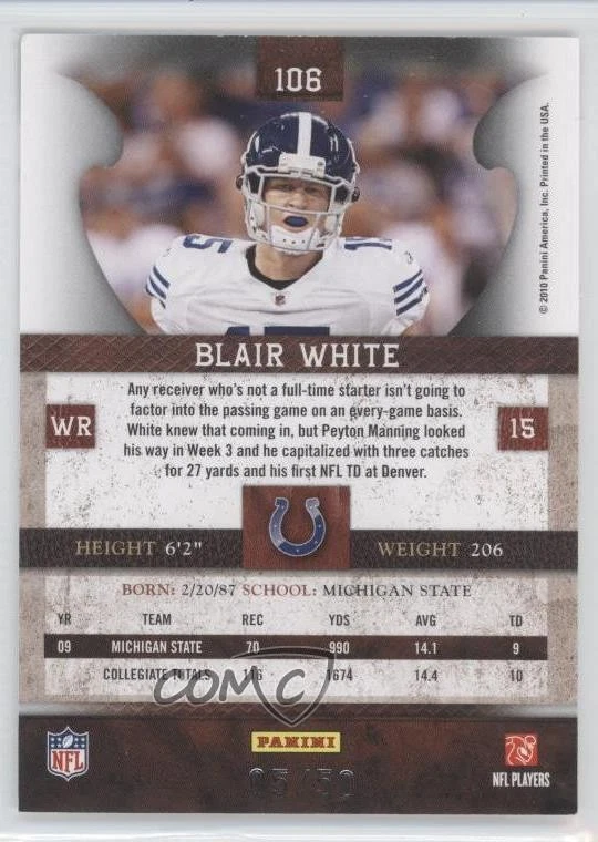 2010 Panini Plates & Patches Infinity Gold /50 Blair White #106 Rookie RC - Image 2 of 2