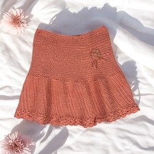 Coral Pink Hand Knit Crochet Mini Skirt Coquette Romantic Cottagecore Summer S