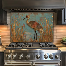 Copper Look Bird Tempered Glass Backsplash Panel,Nature Inspired Wall Art