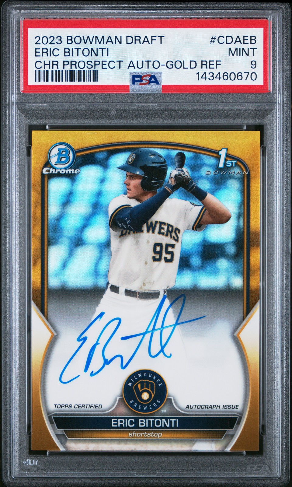 2023 Bowman Draft Chrome Auto Gold #/50 #CDAEB Eric Bitonti PSA 9 Brewers RC