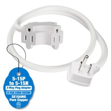 3 Prong 3 Outlet Cable 4FT, Power Splitter Plug Outlet, 3 Way White