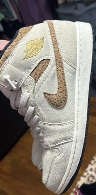 Nike Air Jordan 1 Mid SE Elephant Print Beige Brown Suede Sneakers