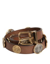 Dolce & Gabbana Brown Leather Gold Silver Coin Buckle Men's Belt Authentic