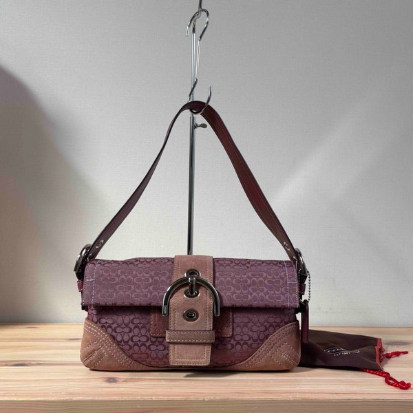 Coach Soho Signature Shoulder Bag Purple Suede Canvas Handbag Vintage Y2K Dust