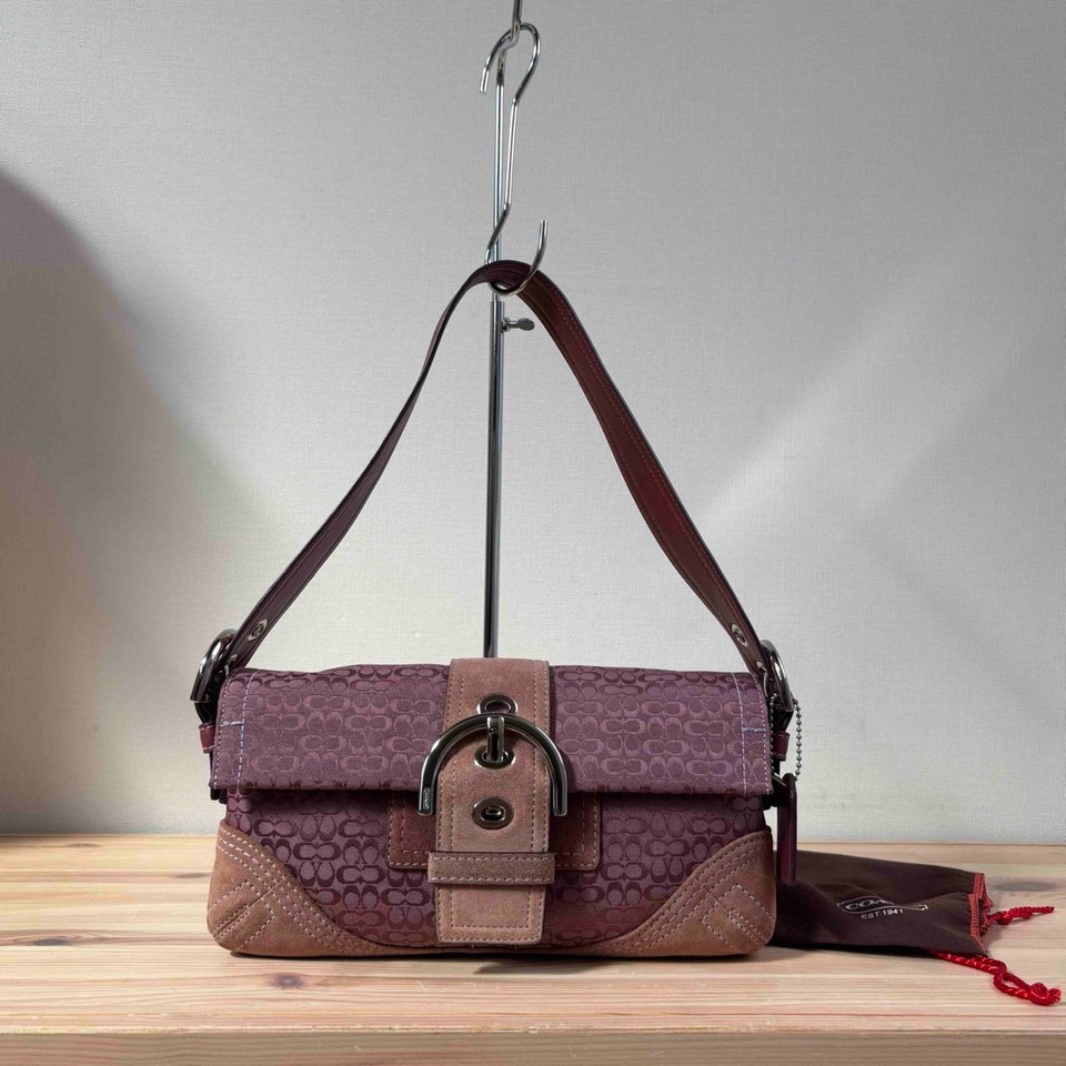Coach Soho Signature Shoulder Bag Purple Suede Canvas Handbag Vintage Y2K Dust
