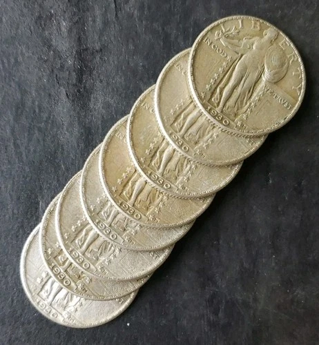 Lot of Eight 1930 25c Standing Liberty Silver Quarter Dollars