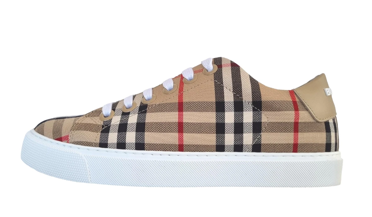 Chaussures Burberry baskets femme en cuir et tissu motif 8049777 carreaux beig
