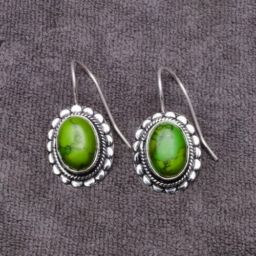Green Turquoise Gemstone 925 Sterling Silver Handmade Jewelry Earring 1.80" - Picture 3 of 6