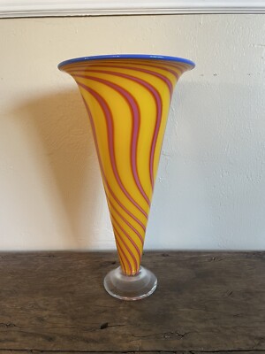 Ken & Ingrid Hanson Handblown Yellow Red Pink Blue Cane Glass Vase Signed 16''