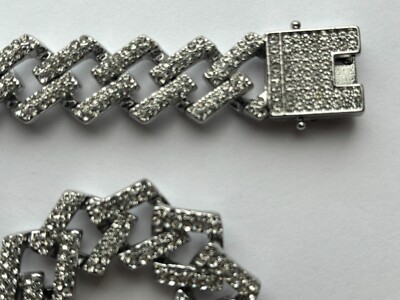 Fifth Avenue Cuban Link Chain White Gold Round Cut Rhinestone Necklace 18 Inch