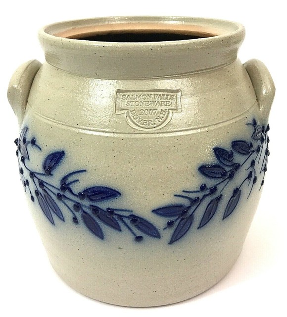 Salmon Falls Stoneware Crock 6.75" ovoid crock handles cobalt vines
