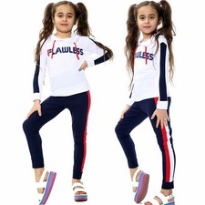 Kids Girls Tracksuit Flawless Print Hoodie Contrast Trouser Top Bottom Oufit Set