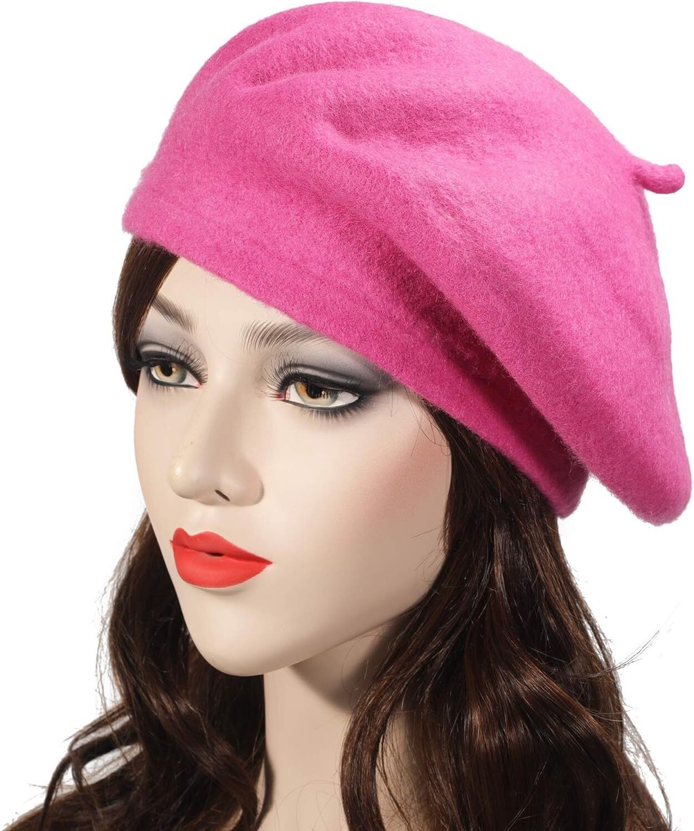 5477 Wool French Beret Hat Solid Color Beret Cap For Women Girls (hot Pink) Wheebo French Beret Hat,Reversible Solid Color Cashmere  main image 3