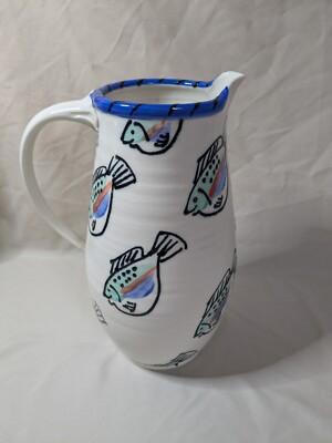 Troy Studio Pottery ? Handmade Pitcher Fish White Blue Green Nautical Beach 11''