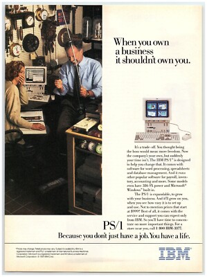1992 IBM PS/1 Print Ad, Business Computer Fishing Pole Clock Store Laughing 