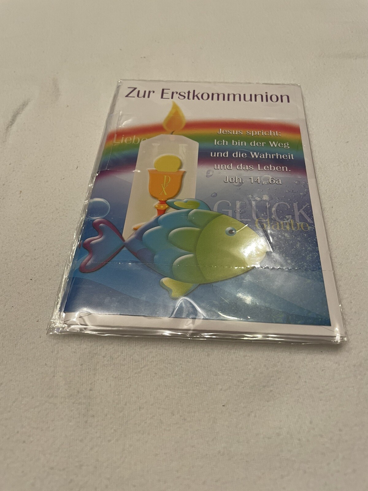 P018 Taunus Verlag 5 Stück Kommunionskarten Fisch Regenbogen Bibelvers
