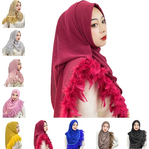 Islamic Feather Hijab Women Long Scarf Shawl Muslim Turban Wrap Headscarf Cover - Picture 19 of 34
