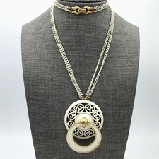 Monet White Enamel Open work Door Knocker Pendant Necklace Vintage