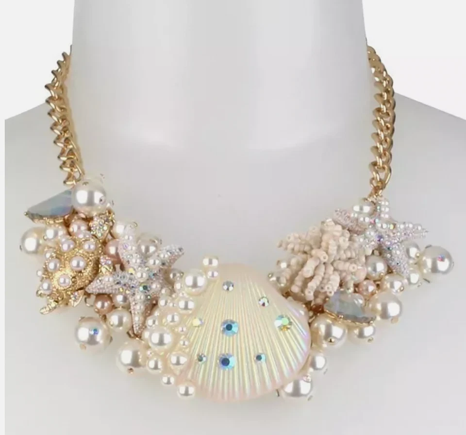 BETSEY JOHNSON Pearl Rhinestone Shell Sea Turtle Starfish Statement Necklace NEW