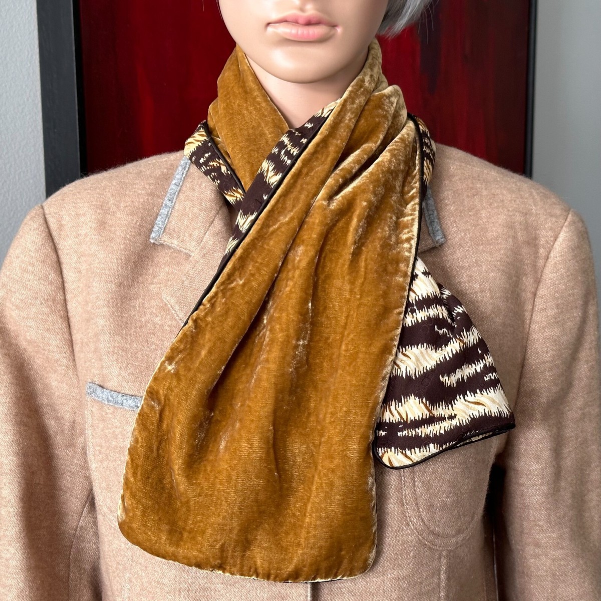 DOLCE & GABBANA reversible scarf mustard velvet & silk Zebra print