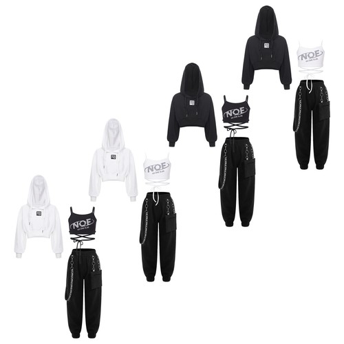 Girls Tracksuit Jazz Set Drawstring Outfits Dance Pants 3pcs Hoodie Hooded Vest - Picture 6 of 47