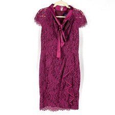 Marchesa Notte Lace Sheath Dress Burgundy Neck Tie Ruffle Short Sleeve Sz 6