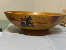 Vintage Wood Bowl  w/ Equestrian Horse Farm Scene Charming MCM Deco