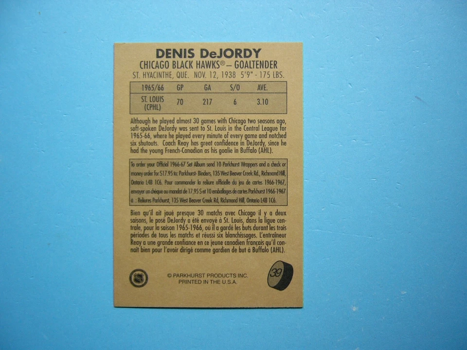 1995/96 PARKHURST 1966/67 MISSING LINK CARD #39 DENIS DEJORDY NM AUTO AUTOGRAPH - Image 2 of 2