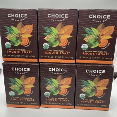 6 Pack Choice Organics Smooth Roast Tea Latin Inspired Puerh Black Tea, 96 Bags