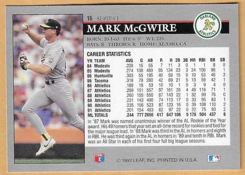 MARK McGWIRE OAKLAND ATLETISMO #16 sin puntos inc - Hoja casi nuevo - Nuevo como nuevo 1992 - Imagen 2 de 2