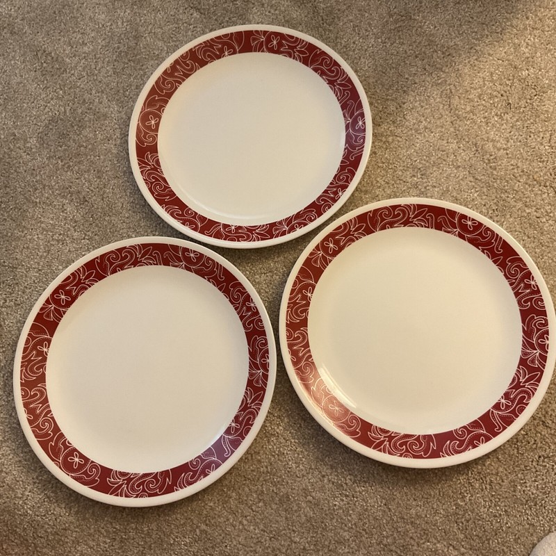 3 Corelle Bandhini Dinner Plates Red and White Floral Vitrelle Retired