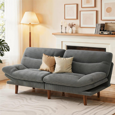 Convertible 66'' Corduroy Futon Sofa Bed with Adjustable Backrest - Light Gray