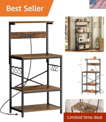 Elegant 4-Tier Kitchen Bakers Rack with Power Outlet & 6 Hooks - Rustic Brown
