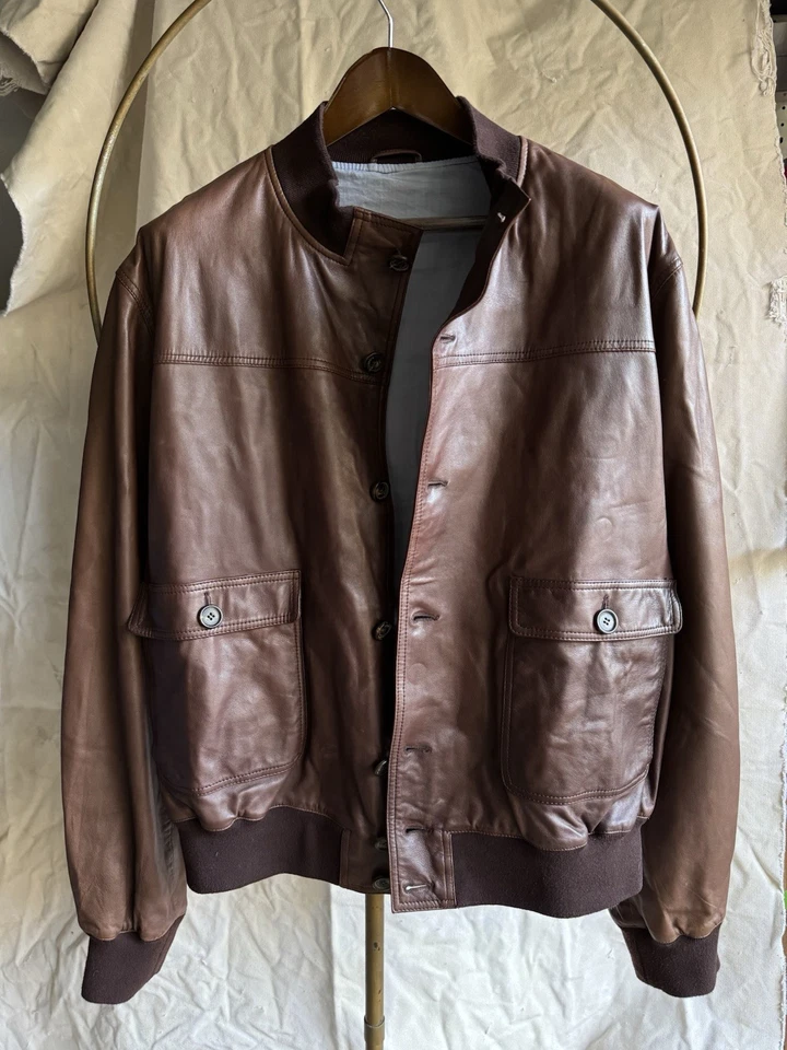 LUIGI BORRELLI Brown Leather Coat Jacket Bomber Sz 58 XXL - Image 3 of 4