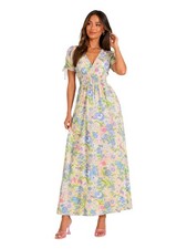Bar III Floral Maxi Dress XS V Neck Side Slit Smocked Waist Summer Boho