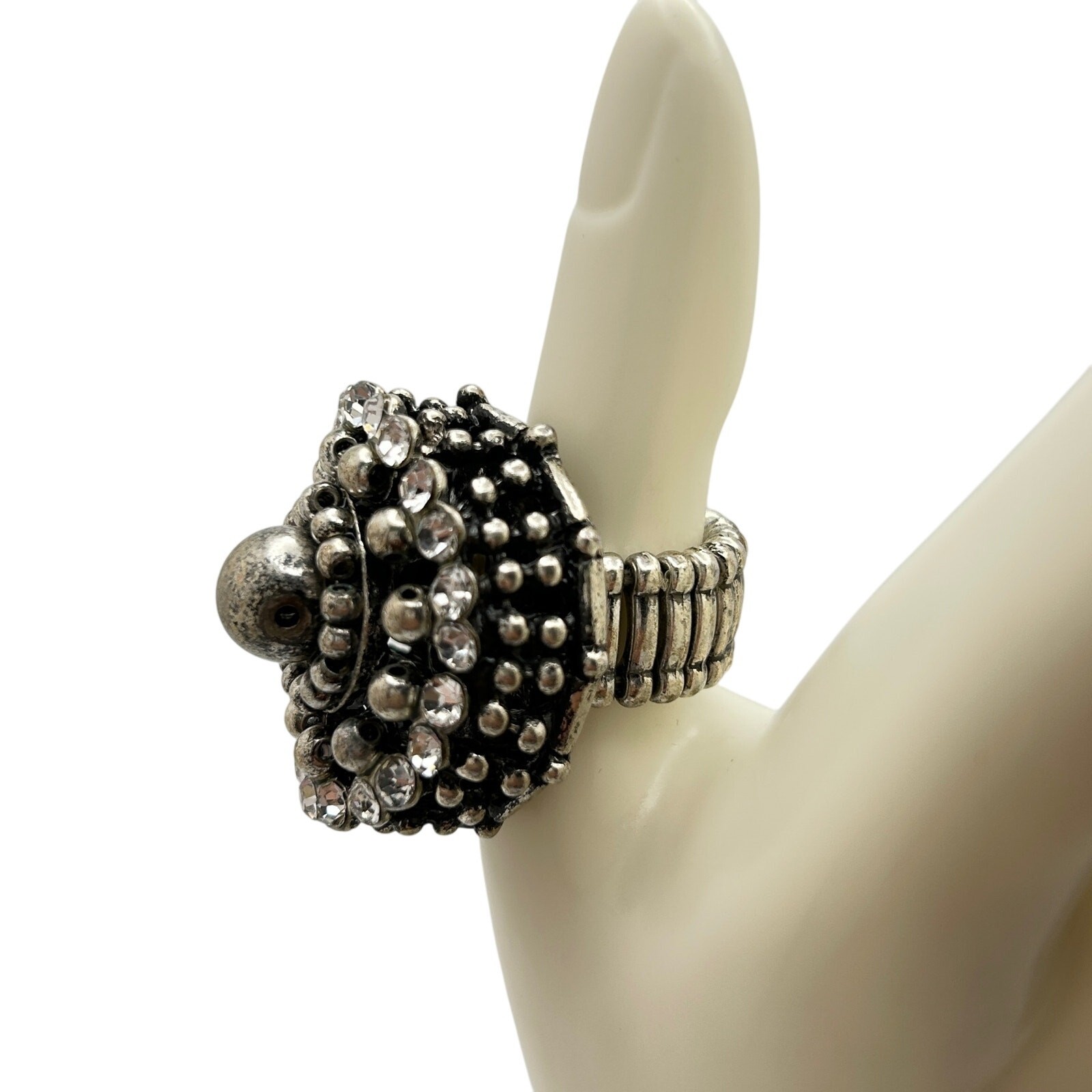 Large Domed Statement Stretch Cocktail Ring Silve… - image 6