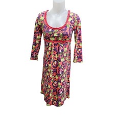 Boden Coral Purple Green Floral Midi Dress Babydoll Ruffle Jersey Knit Sz 4P