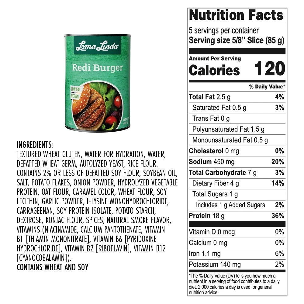 Loma Linda Low Fat Redi-Burger (15 oz. can) - Plant Based - Vegan Ground Beef