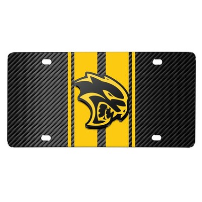 Dodge Hellcat 3D Logo on Yellow Stripe Carbon Fiber Look Steel License Plate