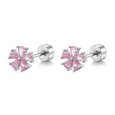 20g CZ Pink Flower Flat Screw Back Small Stud Earrings for Small, Silver