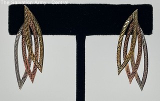 14K Multi Tone Gold Fine Jewelry Leaf Shape Herringbone Dangle Earrings 2.32g