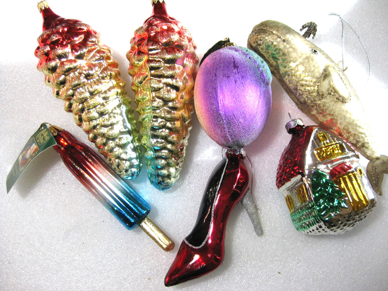CHRISTMAS NOVELTY GLASS ORNAMENTS PINE CONE HOUSE SHOE ICE POP WHALE PLUM 7