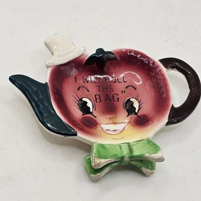 Vintage Anthropomorphic Fruit Tea Bag Holder ''I will hold the bag'' 1950s Japan
