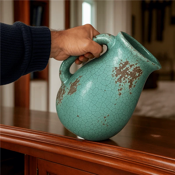 Hochwertiger Krug Keramik Kanne hellblau Vase Used Look Dekovase Shabby Chic - Bild 4 von 4