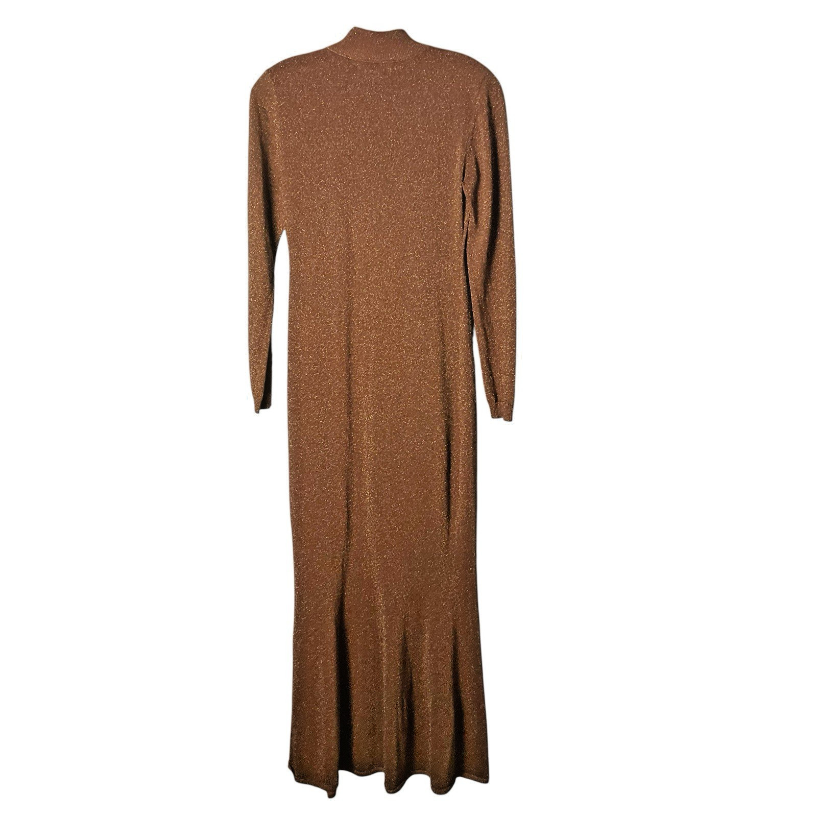 Ronny Kobo Sheer Metallic Dress Long-Sleeve Mock Neck Bronze Medium *READ FLAW*