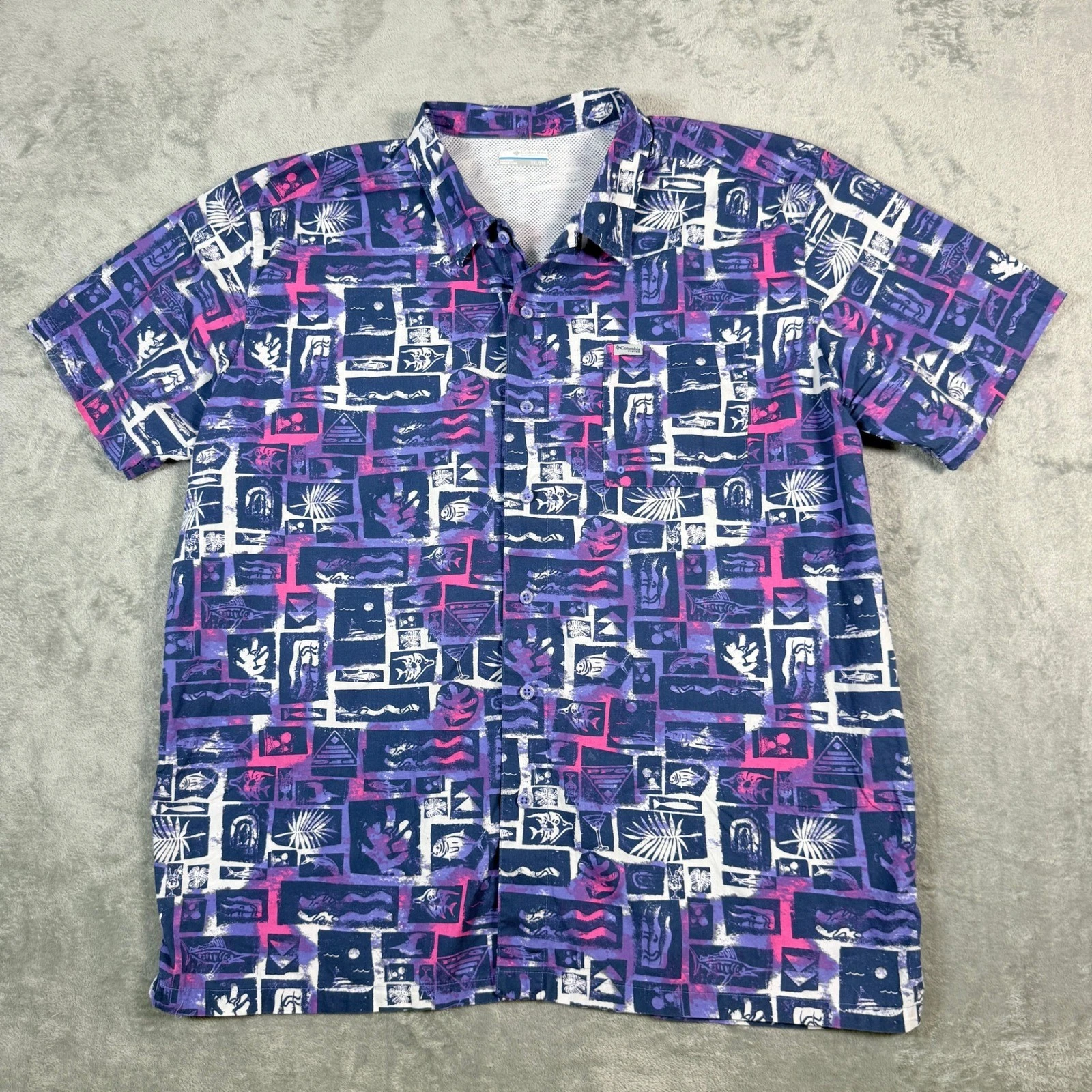 Columbia Mens XXL PFG Fishing Shirt Abstract AOP Short Sleeve Button Down