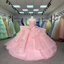 Pink Princess Quinceanera Dresses Shiny Sequins Ruffled Sweet 15 Prom Ball Gowns