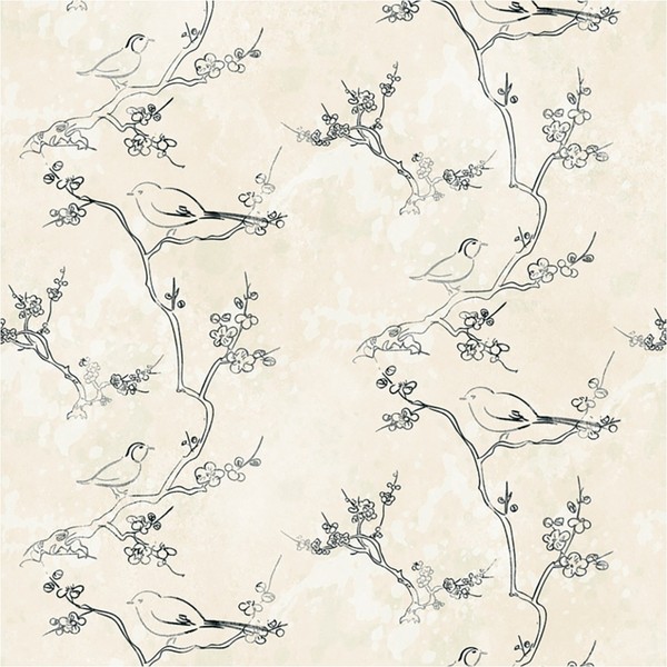 Fototapete Vogeltapete Vliestapete Zeichnung Creme Schwarz Floral Wohnzimmer-image